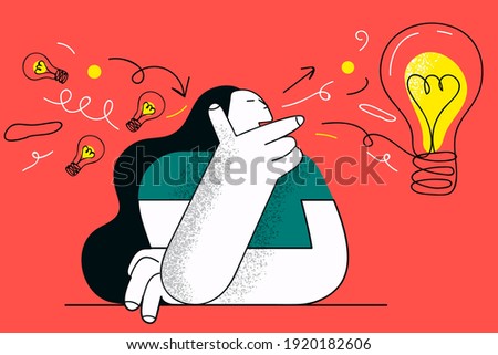 Creativity, genius, new idea concept. Thoughtful student girl holding hand under chin thinking for solution gathering ideas for best decision vector illustration