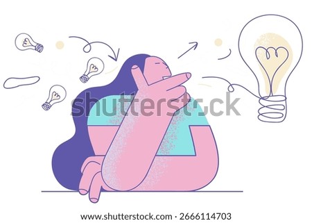 Creativity, genius, new idea concept. Thoughtful student girl holding hand under chin thinking for solution gathering ideas for best decision vector illustration