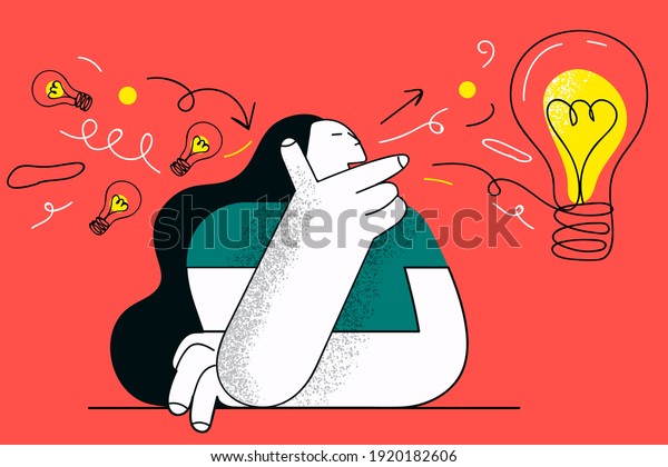 Creativity, genius, new idea concept.\
Thoughtful student girl holding hand under chin thinking for\
solution gathering ideas for best decision vector\
illustration
