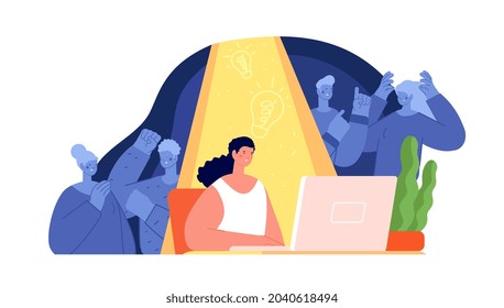 Creativity girl character. Female work on laptop, social separation metaphor. Negative couple and happy single woman. Relationship utter vector concept