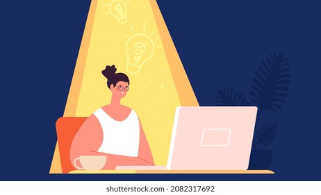 Creativity girl. Woman create and thinking, ideas born. Young female sitting at desk and working on laptop in ray of light. Remote work, freelancer or writer, vector character