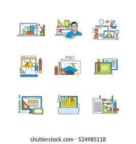 Creativity, graphic design, education and scientific research, distance learning, curriculum, scientific disciplines icons set over white background. Flat line icons for infographics design elements.