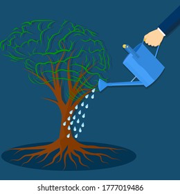 Creativity growth vector. Creativity growth represented by tree looks like the human brain watered by businessman
