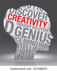 Creativity head of woman with word cloud, vector concept