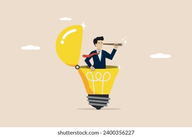 Creativity to help see business opportunities, vision to find new solutions or ideas, search for success concept, entrepreneurs open ideas light bulbs use telescope to see business vision.