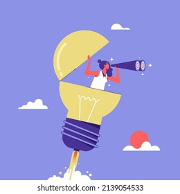 Creativity to help see business opportunity, vision to discover new solution or idea, businesswoman open lightbulb idea using binoculars to see business vision