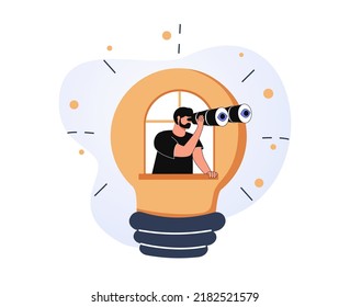 Creativity to help see business opportunity, vision to discover new solution or idea, curiosity, searching for success concept, businessman open lightbulb idea using binoculars to see business vision.