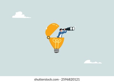 Creativity to help see business opportunity, vision to discover new solution or idea, curiosity, searching for success concept, businessman open lightbulb idea using binoculars to see business vision.