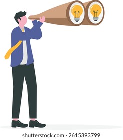 Creativity to help see business opportunity, vision to discover new solution or idea, curiosity, searching for success concept, businessman open lightbulb idea using binoculars to see business vision.