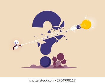 Creativity to help see business opportunity, solving problem or innovation help business success, AI artificial intelligence technology or robot destroy question mark with lightbulb idea