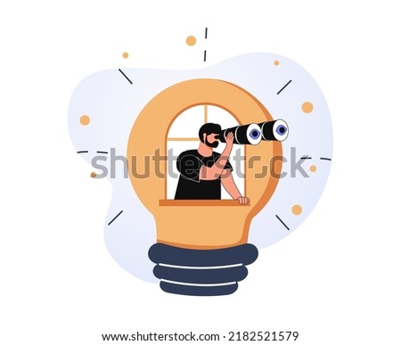 Creativity to help see business opportunity, vision to discover new solution or idea, curiosity, searching for success concept, businessman open lightbulb idea using binoculars to see business vision.