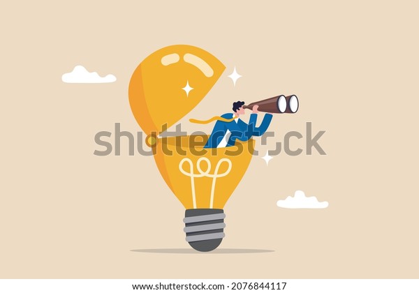 Creativity to help see business opportunity,\
vision to discover new solution or idea, curiosity, searching for\
success concept, businessman open lightbulb idea using binoculars\
to see business\
vision.
