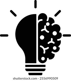 Creativity icon. A brain fused with a lightbulb symbolizing innovation and ideas.brain with bulb icon. Used in AI and creative contexts.Black flat syle.