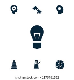 Creativity icon. collection of 7 creativity filled icons such as pyramid, gear in head, puzzle, pendulum, brain. editable creativity icons for web and mobile.