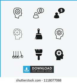 Creativity icon. collection of 9 creativity filled and outline icons such as man thinking about money, gear in head, cradle. editable creativity icons for web and mobile.