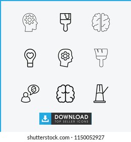Creativity icon. collection of 9 creativity outline icons such as brain, paint brush, gear in head, bulb heart. editable creativity icons for web and mobile.