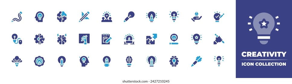 Creativity icon collection. Duotone color. Vector and transparent illustration. Containing puzzle, idea, inspiration, brainstorm, jigsaw, creative process, creative, creativity, creative thinking.