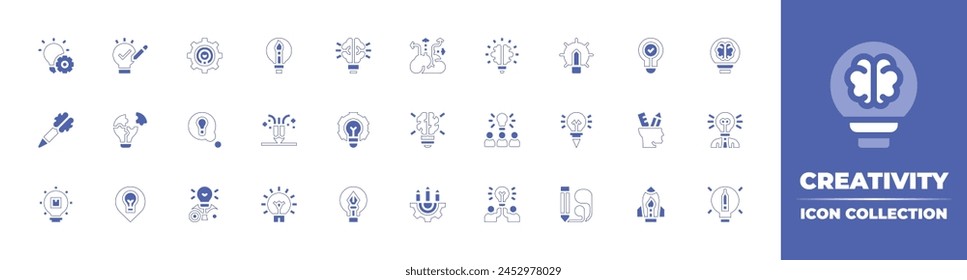 Creativity icon collection. Duotone style line stroke and bold. Vector illustration. Containing idea, creative brain, solution, creative idea, shipping, innovation, partner, light bulb, visionary.