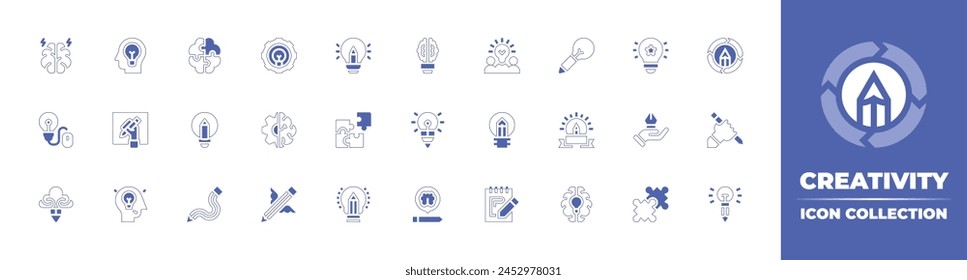 Creativity icon collection. Duotone style line stroke and bold. Vector illustration. Containing puzzle, idea, inspiration, brainstorm, jigsaw, puzzle pieces, creative process, creative, creativity.
