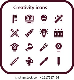 creativity icon set. 16 filled creativity icons.  Simple modern icons about  - Brush, Creativity, Idea, Wand, Pencil, Paint tube, Crayon, Bird house, Lightbulb, Artist, Paint brush