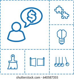 Creativity icon. set of 6 creativity outline icons such as brush, gate, cradle, man thinking about money, brain bulb