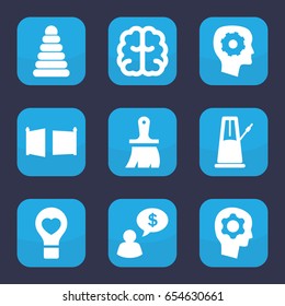 Creativity icon. set of 9 filled creativity icons such as pyramid, gear in head, brain, brush, bulb heart, gate, pendulum