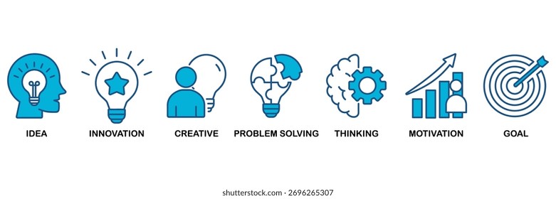 Concepto de diseño plano monocromo azul para la idea, la innovación, la creatividad, la resolución de problemas, el pensamiento, la motivación, la meta