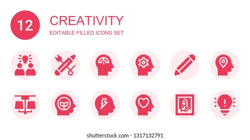 creativity icon set. Collection of 12 filled creativity icons included Idea, Pencil, Mind, Lamp, Think, Brainstorm, Art