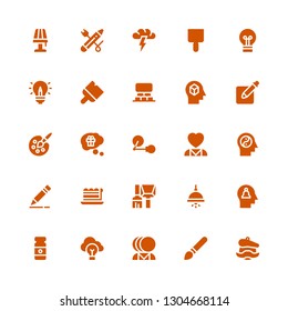 creativity icon set. Collection of 25 filled creativity icons included Artist, Brush, Mental health, Idea, Paint tube, Mind, Lamp, Piece, Pencil, Thinking, Painting palette, Projection