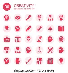 creativity icon set. Collection of 30 filled creativity icons included Mind, Vision, Magic wand, Idea, Pencil, Lamp, Art, Newtons cradle, Brush, Inspiration, Brain