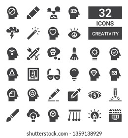 creativity icon set. Collection of 32 filled creativity icons included Pencil, Creativity, Newtons cradle, Mind, Idea, Brush, Vision, Art, Thinking, Magic wand, Brainstorming