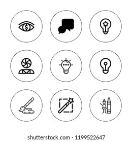 Creativity icon set. collection of 9 outline creativity icons with crayon, magic wand, lightbulb, idea, paint brush, psychology icons. editable icons.