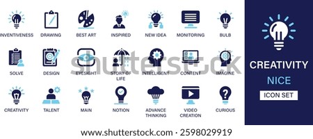Creativity icon set collection. Inventiveness, drawing, best art, inspired, new idea, monitoring, bulb, solve, design, content and best solid icon set.