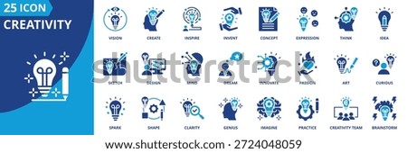 creativity icon set collection in solid glyph dual color style. pack contain idea, imagine, inspire, design, create, invent, vision, dream, brainstorm, innovate icon
