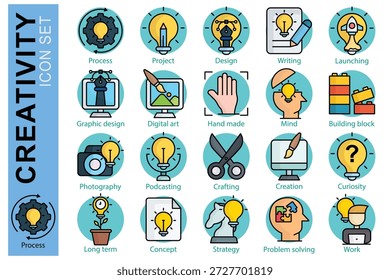 Creativity icon set. Colored outline icon style. Containing icon process, project, problem solving and more. Creativity element vector illustration