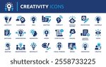 Creativity icon set. Containing inspiration, imagination, design, idea, creative, improvisation, sketching, brainstorming and more. Solid vector icons collection.