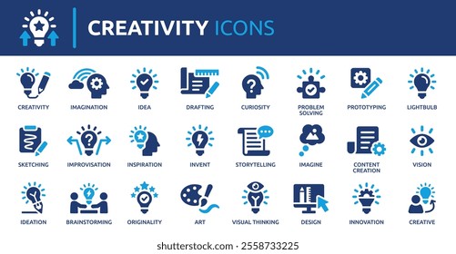 Creativity icon set. Containing inspiration, imagination, design, idea, creative, improvisation, sketching, brainstorming and more. Solid vector icons collection.