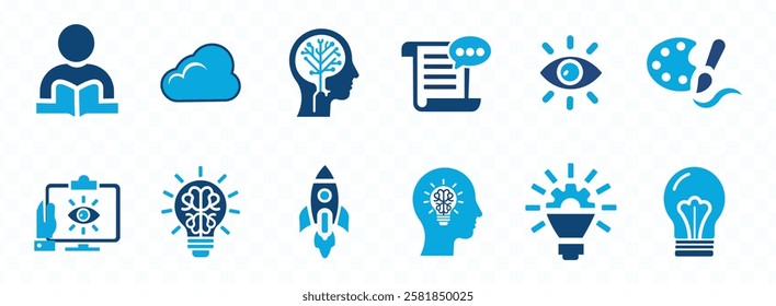 Creativity icon set. Containing inspiration, imagination, design, idea, creative, improvisation, sketching, brainstorming and more. Solid vector icons
