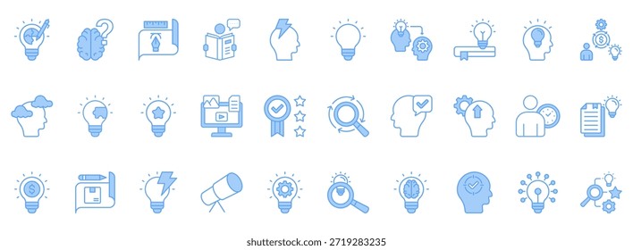 Conjunto de iconos de creatividad. Contiene Iconos Que Son Relevantes Para Los Negocios. Diseñado En Vector Estilo Azul Lineal