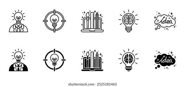 Design de conjunto de ícones de criatividade. Contendo pensamento, cérebro, ideia, criativo, lâmpada, mente, inteligência, imaginação, solução, inovação, inspiração, gênio, ícone da educação símbolo sinal.
