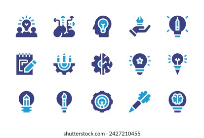 Creativity icon set. Duotone color. Vector illustration. Containing team, creative writer, idea, sketchbook, process, creative, innovation, brain, creative idea, creativity.