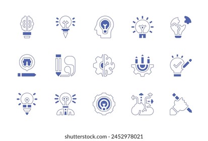 Creativity icon set. Duotone style line stroke and bold. Vector illustration. Containing idea, solution, creative, creative process, creativity, innovation, ideas, creative brain, creative design.