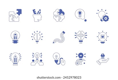 Creativity icon set. Duotone style line stroke and bold. Vector illustration. Containing puzzle, idea, creative brain, jigsaw, creativity, shipping, partner, flexibility, creative writer, visionary.