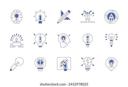 Creativity icon set. Duotone style line stroke and bold. Vector illustration. Containing inspiration, creative process, idea, creative thinking, light bulb, creative, creative mind, design.