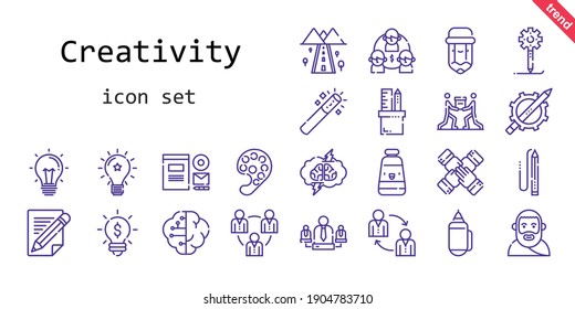 creativity icon set. line icon style. creativity related icons such as creative process, idea, branding, oil paint, team, pencil, brain, pencil case, teamwork, road, magic wand, plato