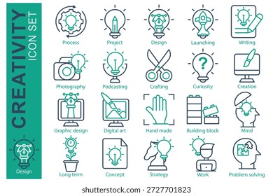 Creativity icon set. Line icon style. Containing icon process, project, problem solving and more. Creativity element vector illustration