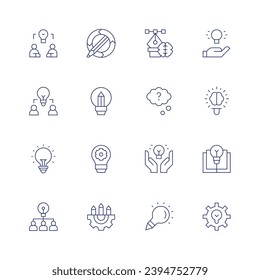 Creativity icon set. Thin line icon. Editable stroke. Containing idea, lightbulb, book, gear, design, doubts, project, creativity, brainstorm, coworking.