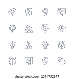 Creativity icon set. Thin line icon. Editable stroke. Containing idea, think outside the box, lightbulb, creativity, creative thinking, creative team, brainstorming, creative process, solution.