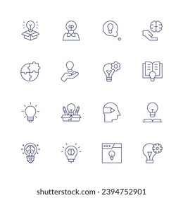 Juego de iconos de creatividad. Icono de línea delgada. Trazo editable. Conteniendo idea, aprendizaje, libro, innovación, idea principal, creativo, diseñador, rompecabezas.