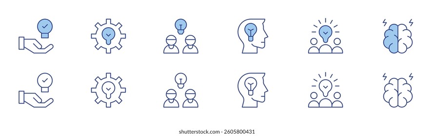 Creativity icon set in two styles, Duotone and Thin Line style. Editable stroke. solution, gear, idea, creative thinking, creative team, brainstorm.